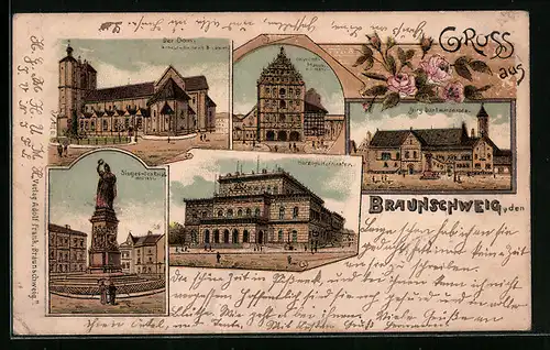 Lithographie Braunschweig, Dom, Burg Dankwarderode, Herzogl. Hoftheater