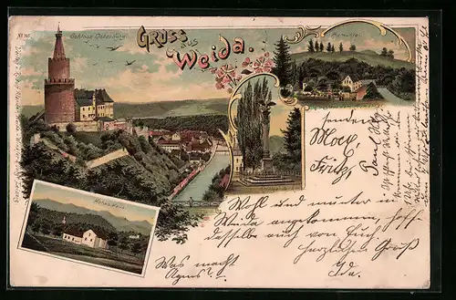 Lithographie Weida, Teilansicht mit Schloss, Hohes Haus, Aumühle