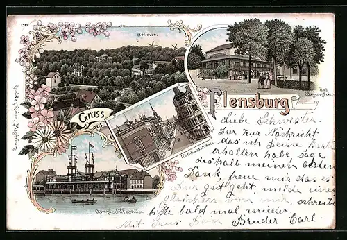 Lithographie Flensburg, Bellevue, Bad Wassersleben, Dampfschiffpavillon