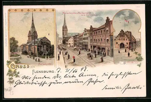 Lithographie Flensburg, Marienkirche a. Nordermarkt m. d. Schranken, Marienkirche, Das Norder-Tor