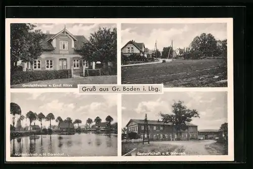 AK Gr. Boden i Lbg., Gemischtwarenladen Ernst Röhrs, Mühlenbetrieb H. Dorendorf, Gasthaus Bohnsack