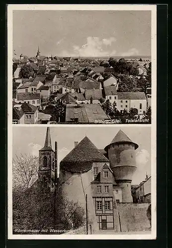 AK Bitburg i. Eifel, Totalansicht, Römermauer m. Wasserturm