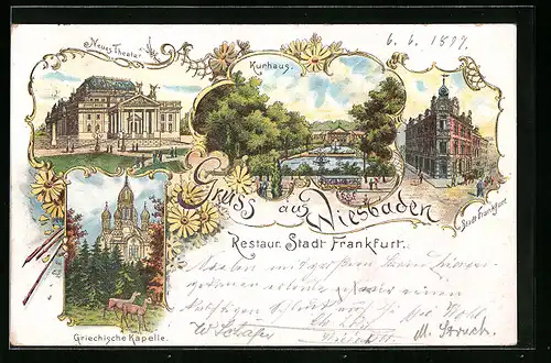 Lithographie Wiesbaden, Restaurant Stadt Frankfurt, Kurhaus, Neues Theater