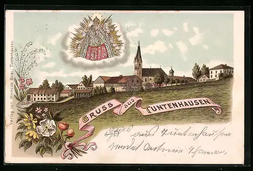 Lithographie Tuntenhausen, Ortspartie mit Kirche, Gnadenbild