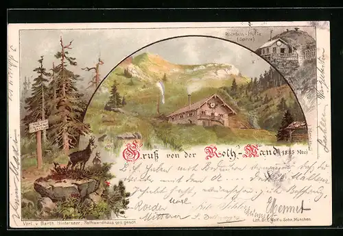 Lithographie Rotwandhaus, Gasthaus Böcklein-Hütte auf dem Gipfel, Gemsen