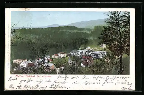 AK Ober-Eichwald bei Teplitz, Blick auf den Ort mit Wäldern