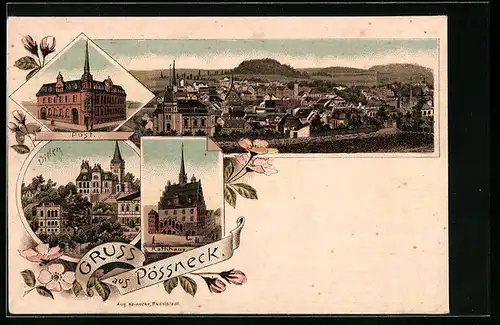 Lithographie Pössneck, Rathaus, Post, Villen