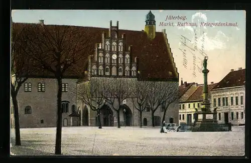 AK Jüterbog, Markt, Rathaus, Kriegerdenkmal