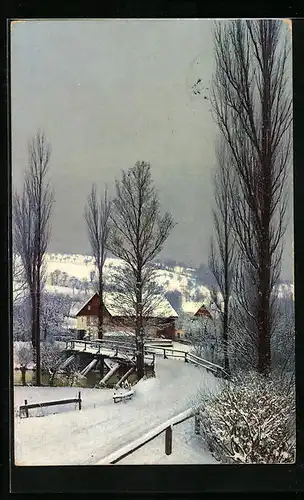 Künstler-AK Photochromie Nr. 5352: Verschneite Strasse mit Brücke und Häusern