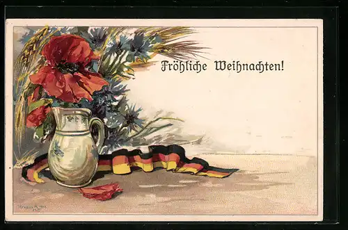 Künstler-AK Fröhliche Weihnachten!, Deutschnationaler Verein Österreich, Stilleben mit Fahnenband