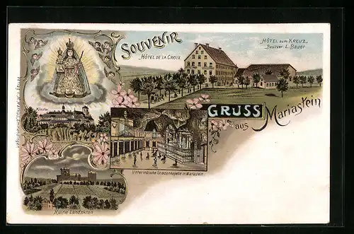 Lithographie Mariastein, Hotel zum Kreuz, Ruine Landskorn