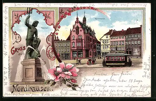 Lithographie Nordhausen, Neptun, Strassenbahn, Kornmarkt