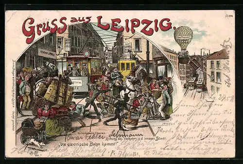 Lithographie Leipzig, Grimmaische Strasse, Strassenbahn im Gedränge