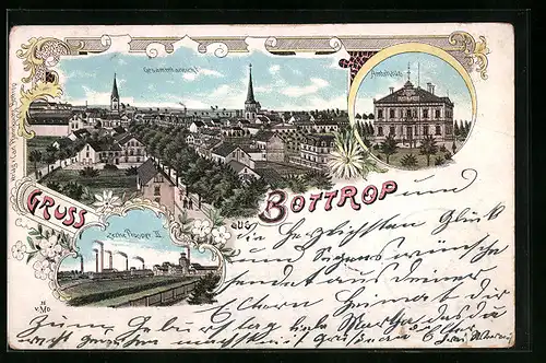 Lithographie Bottrop, Ortsansicht, Amtshaus, Zeche Prosper II