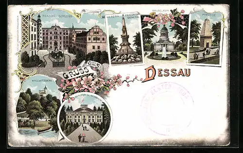 Lithographie Dessau, Herzogl. Schloss, Pyramide, Wallwitzberg