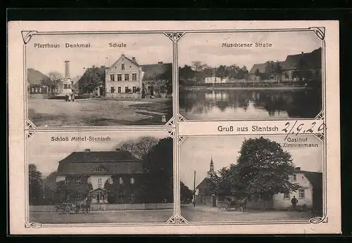 AK Stentsch, Pfarrhaus, Denkmal, Schule, Muschtener Strasse, Schloss Mittel-Stentsch