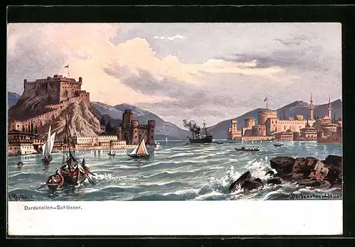 Künstler-AK Constantinople, Schiffe unter den Dardanellen-Schlössern