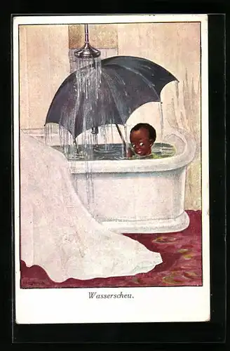 Künstler-AK H. Zahl: Wasserscheu, Junge in Wanne schützt sich mit Regenschirm vor Wasser