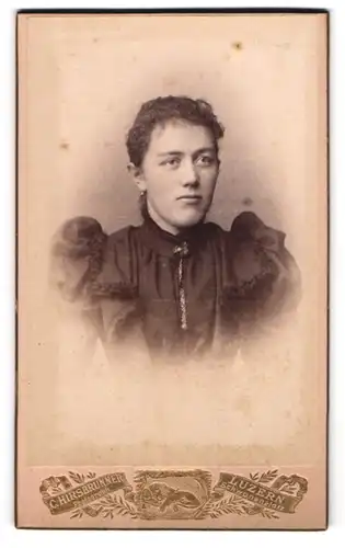 Fotografie C. Hirsbrunner, Luzern, Schwanenplatz, Portrait dunkelhaarige Schönheit in prachtvoller Bluse