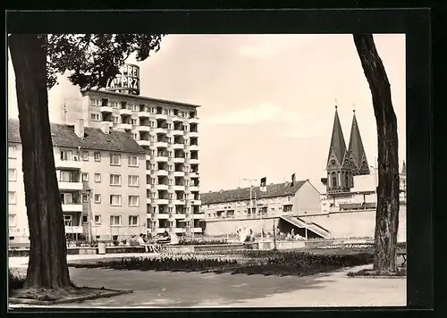 AK Frankfurt (Oder), Hochhaus Grosse Oderstrasse und Friedenskirche