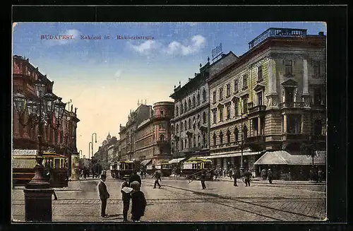 AK Budapest, Blick in die Rakoczistrasse mit Strassenbahnen