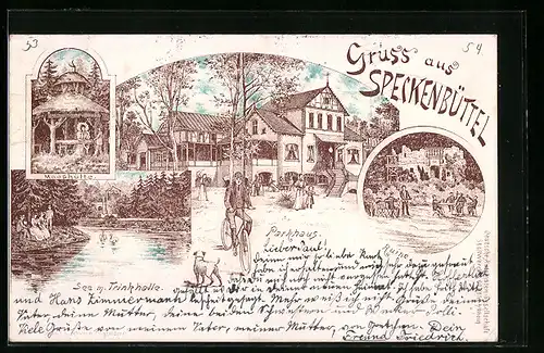 Lithographie Speckenbüttel, Gasthaus Parkhaus mit Radfahrer, Ruine, See mit Trinkhalle, Mooshütte