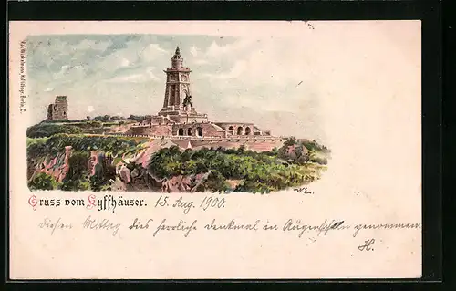 Lithographie Kyffhäuser, Denkmal und Ruine auf dem Kyffhäuser