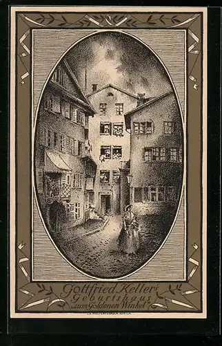 Künstler-AK Schweizer Bundesfeier 1919, Gottfried Keller`s Geburtshaus zum Goldenen Winkel, Ganzsache