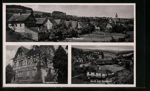 AK Rossbach /Spessart, Teilansicht mit Kirche, Gasthaus zur Krone mit Kriegerdenkmal