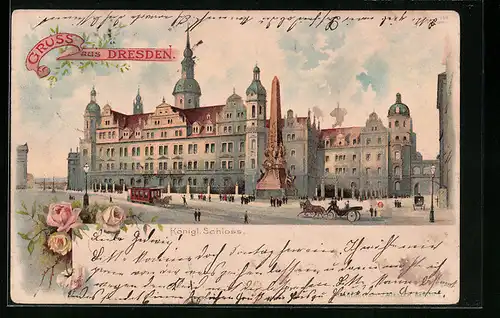 Lithographie Dresden, Königliches Schloss mit Denkmal und Pferdebahn