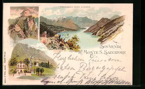 Lithographie Lugano, Monte S. Salvatore, Panorama, Bergbahn