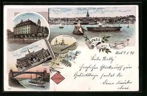 Vorläufer-Lithographie Kiel, 1892, Panorama vom Gaarden gesehen, Schloss, Kriegsschiff & Bismarck-Denkmal