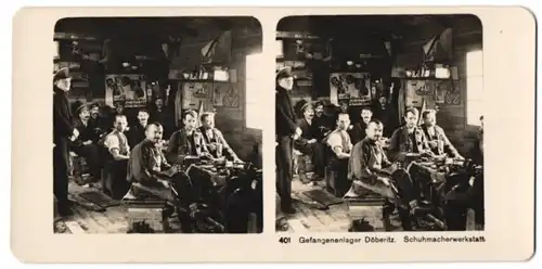 Stereo-Fotografie 1.WK, NPG Berlin-Steglitz, Schuhmacher-Werkstatt im Kriegsgefangenenlager Döberitz, POW