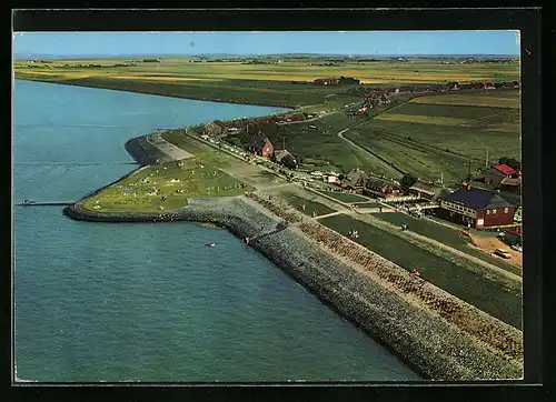 AK Nordstrand, Teilansicht mit Deich aus der Vogelschau