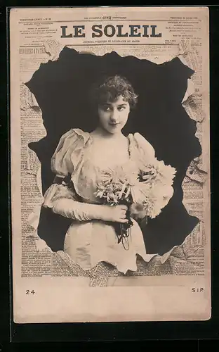 AK Zeitungl Le Soleil, Frau mit Blumenstrauss