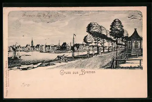 Künstler-AK Bremen, Bremen mit Uferstrasse im Jahre 1771