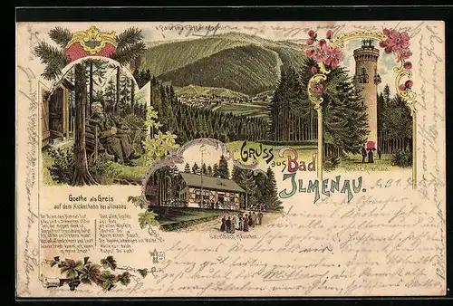 Lithographie Ilmenau, Thurm a.d. Kickelhahn, Gasthaus Gabelbach-Häuschen