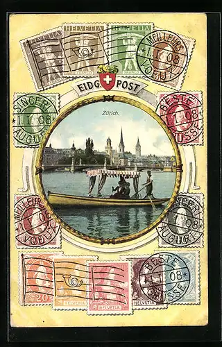 AK Zürich, Ortsansicht mit Ruderpartie und Briefmarken