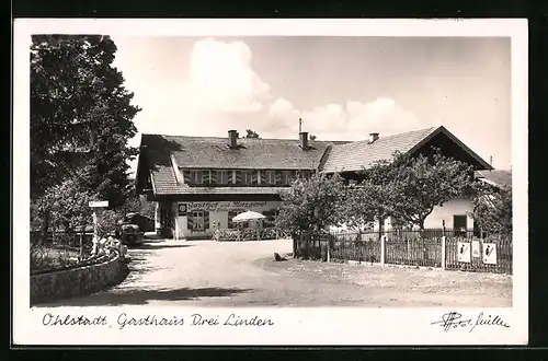 AK Ohlstadt, Gasthaus Drei Linden mit Strassenpartie