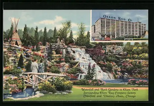 AK Chicago, IL, Waterfall and Rock Gardens in Olson Park surrounding Olson Rug Company factory Crawford Avenue