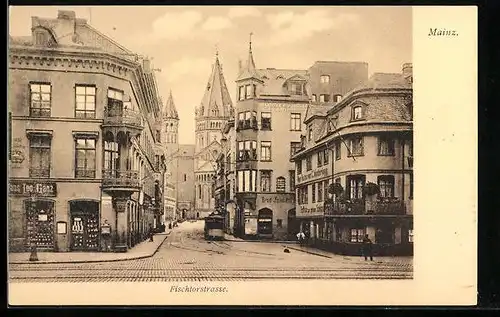 AK Mainz, Fischthorstrasse mit Strassenbahn und Restaurant