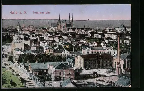 AK Halle a. S., Totalansicht mit Blick zum Roten Turm und zur Marktkirche