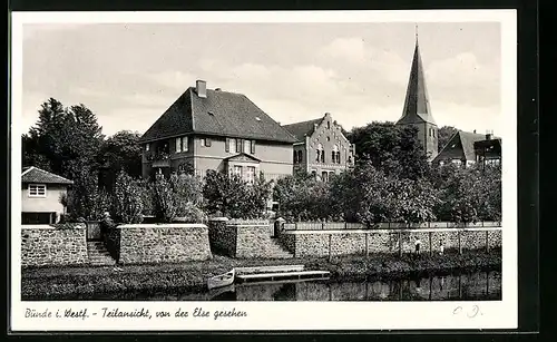 AK Bünde i. Westf., Teilansicht mit der Kirche vom Elseufer aus gesehen