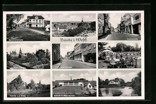 AK Bünde i. Westf., Teilansicht der Stadt, in der Bahnhofstrasse, die kath. Kirche, Blick in die Eschstrasse, Mühle