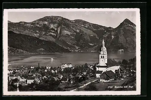 AK Buochs, Teilansicht mit Kirche und Rigi