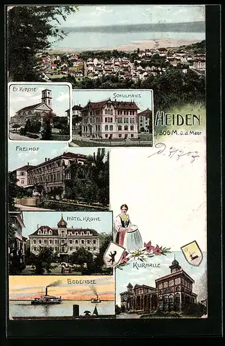 AK Heiden, Ev. Kirche, Schulhaus, Hotel Krone, Kurhalle