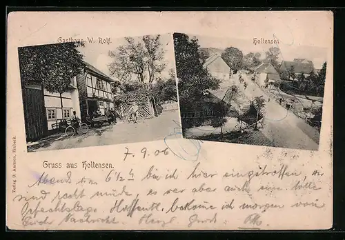 AK Holtensen, Strassenpartie aus der Vogelschau, Gasthaus W. Rolf