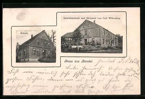 AK Borstel, Schule, Gasthaus und Bäckerei Wilkening