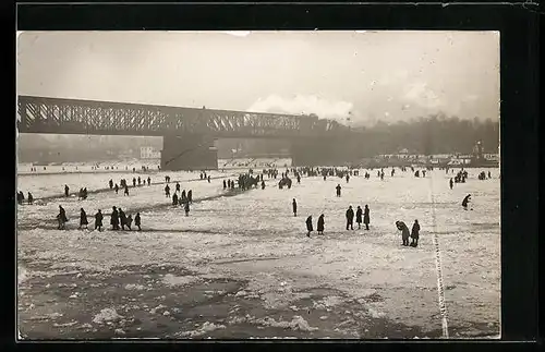 AK Eisstoss auf dem Rhein 1929, Spaziergänger und Fotograf