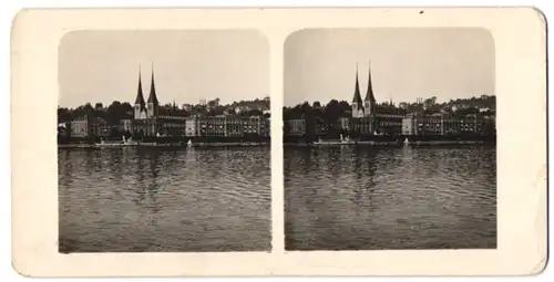 Stereo-Fotografie unbekannter Fotograf, Ansicht Luzern / Lucerne, Quai National vom Bahnhof gesehen